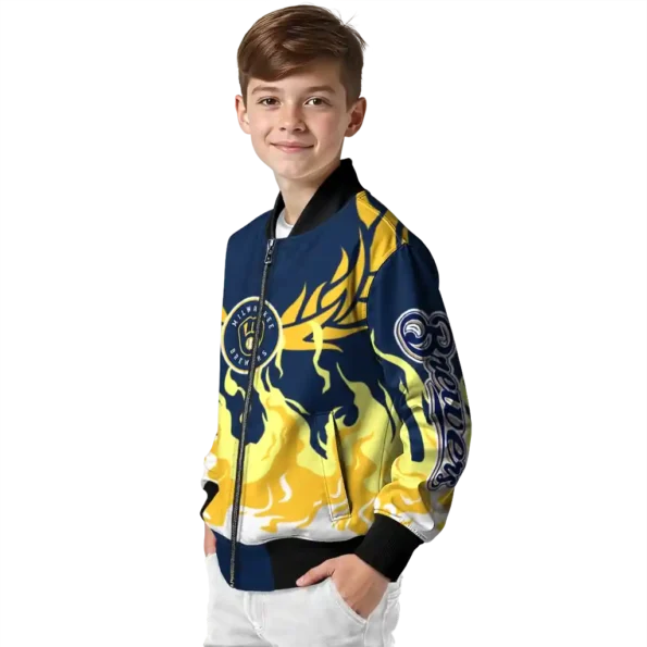 custom milwaukee brewers winged blaze navy blue white bomber jacket trendy