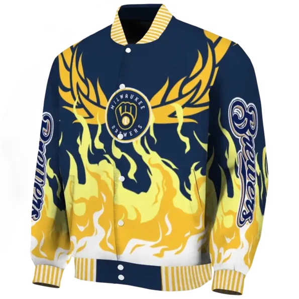 custom milwaukee brewers winged blaze navy blue white varsity jacket best selling