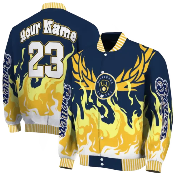 custom milwaukee brewers winged blaze navy blue white varsity jacket fashion forward