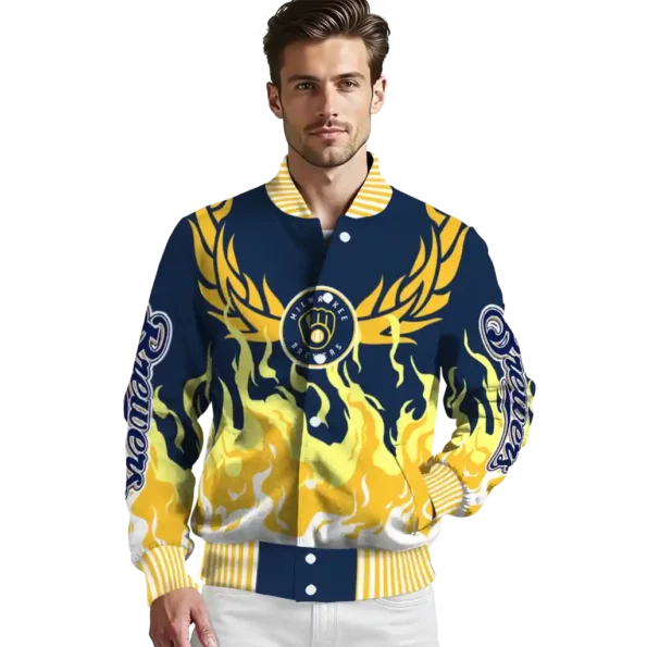 custom milwaukee brewers winged blaze navy blue white varsity jacket high quality