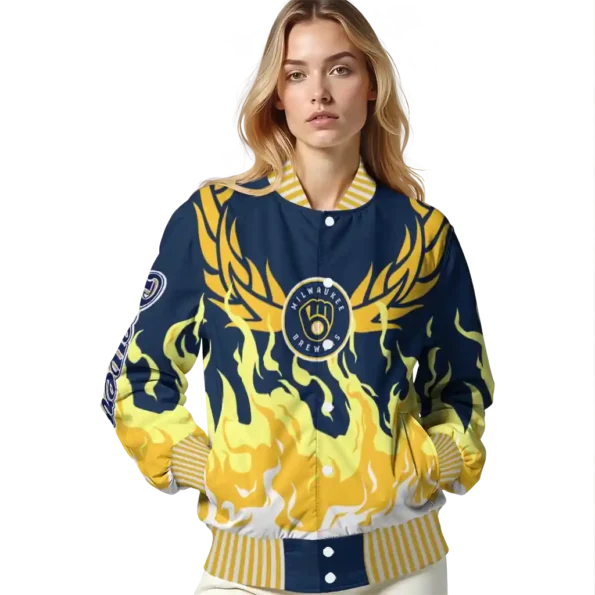 custom milwaukee brewers winged blaze navy blue white varsity jacket latest model