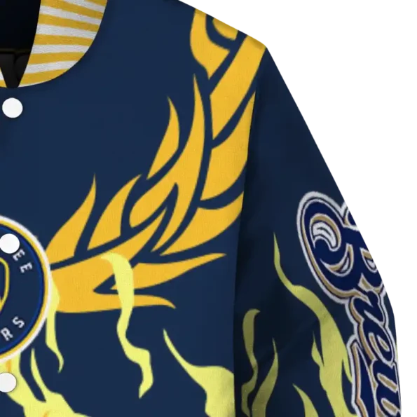 custom milwaukee brewers winged blaze navy blue white varsity jacket premium grade