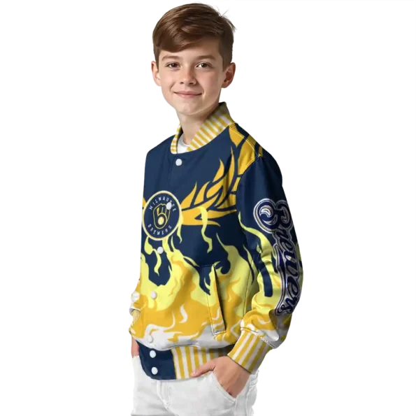custom milwaukee brewers winged blaze navy blue white varsity jacket trendy