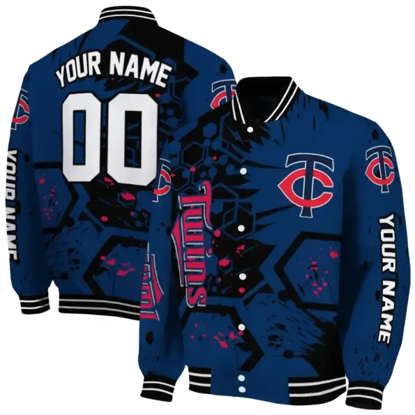 custom minnesota twins hexagon cluster navy black varsity jacket fashion forward