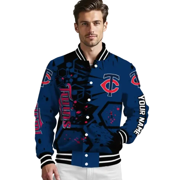 custom minnesota twins hexagon cluster navy black varsity jacket high quality