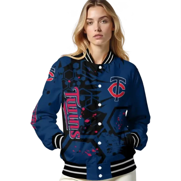 custom minnesota twins hexagon cluster navy black varsity jacket latest model