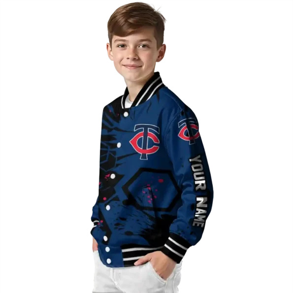 custom minnesota twins hexagon cluster navy black varsity jacket trendy
