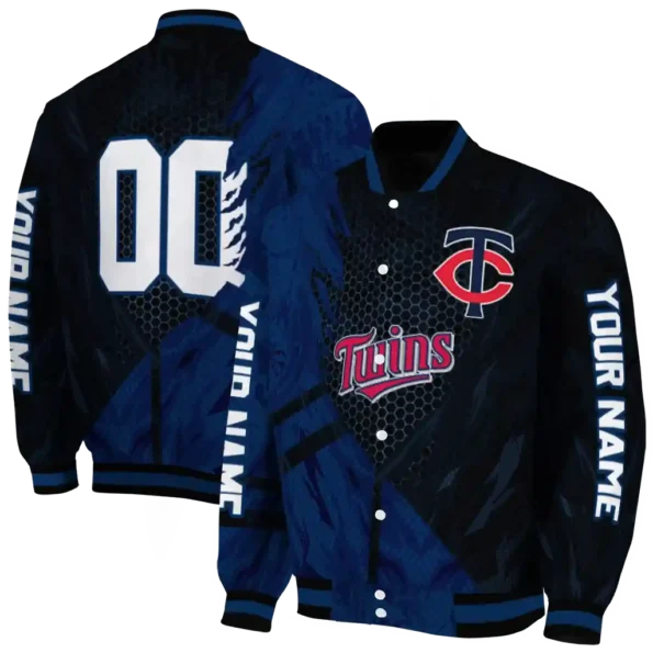 custom minnesota twins hexagon mesh navy black varsity jacket fashion forward
