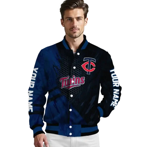 custom minnesota twins hexagon mesh navy black varsity jacket high quality