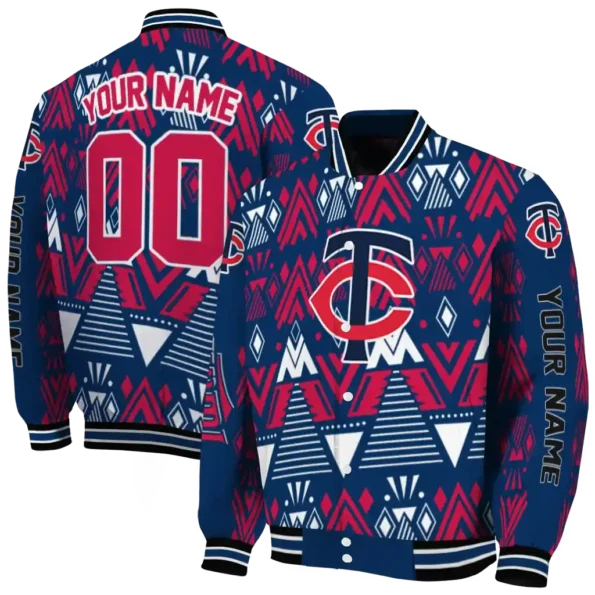 custom minnesota twins pyramid shapes navy varsity jacket fashion forward