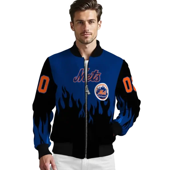 custom new york mets flame border blue black bomber jacket high quality