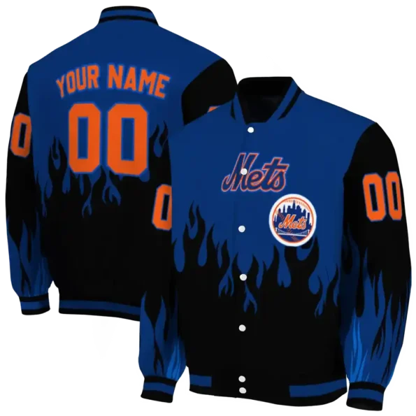 custom new york mets flame border blue black varsity jacket fashion forward