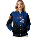 custom new york mets flame border blue black varsity jacket best selling