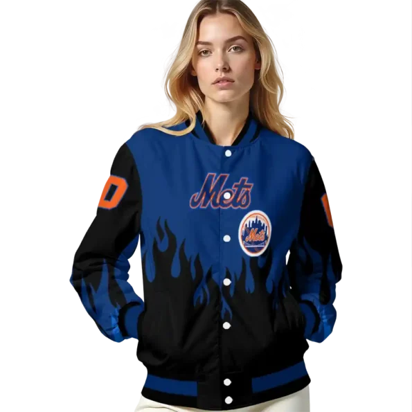 custom new york mets flame border blue black varsity jacket latest model