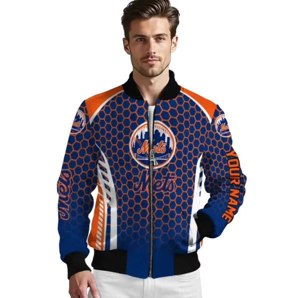 custom new york mets hexagon grid blue bomber jacket high quality