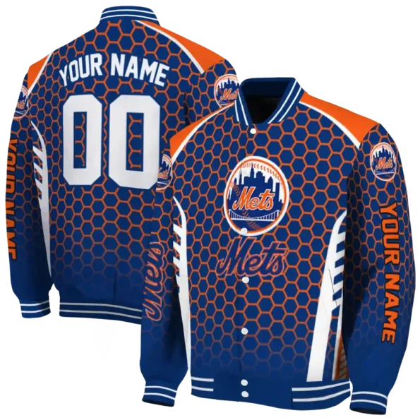 custom new york mets hexagon grid blue varsity jacket fashion forward