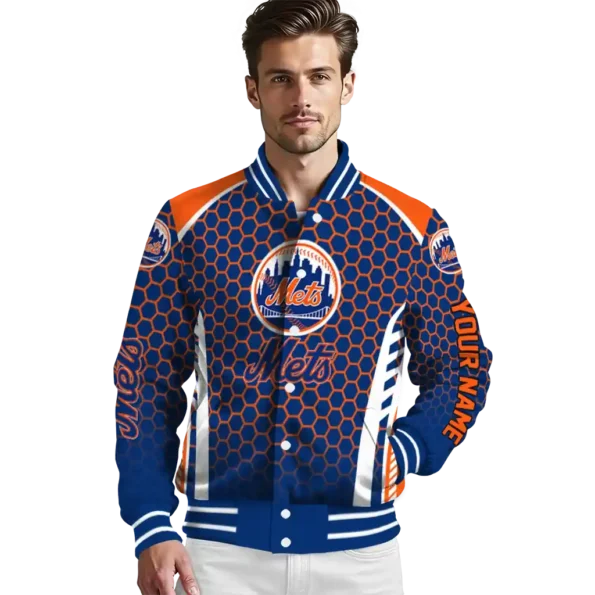 custom new york mets hexagon grid blue varsity jacket high quality