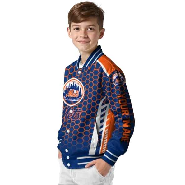 custom new york mets hexagon grid blue varsity jacket trendy