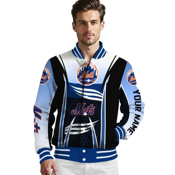 custom new york mets mesh effect blue black varsity jacket high quality