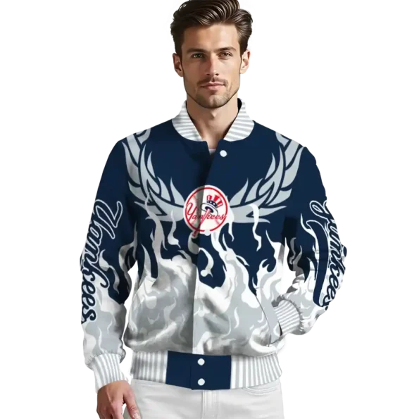 custom new york yankees winged blaze navy white varsity jacket high quality