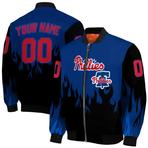 custom philadelphia phillies flame border blue black bomber jacket fashion forward