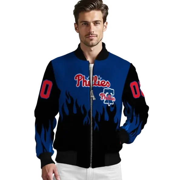 custom philadelphia phillies flame border blue black bomber jacket high quality