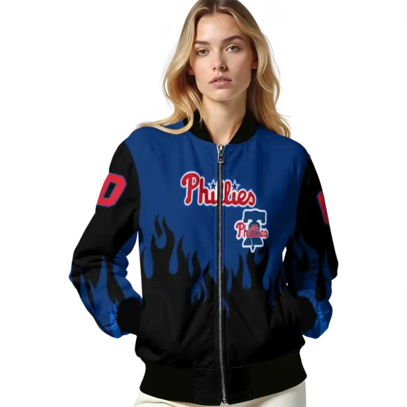 custom philadelphia phillies flame border blue black bomber jacket latest model