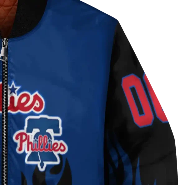 custom philadelphia phillies flame border blue black bomber jacket premium grade