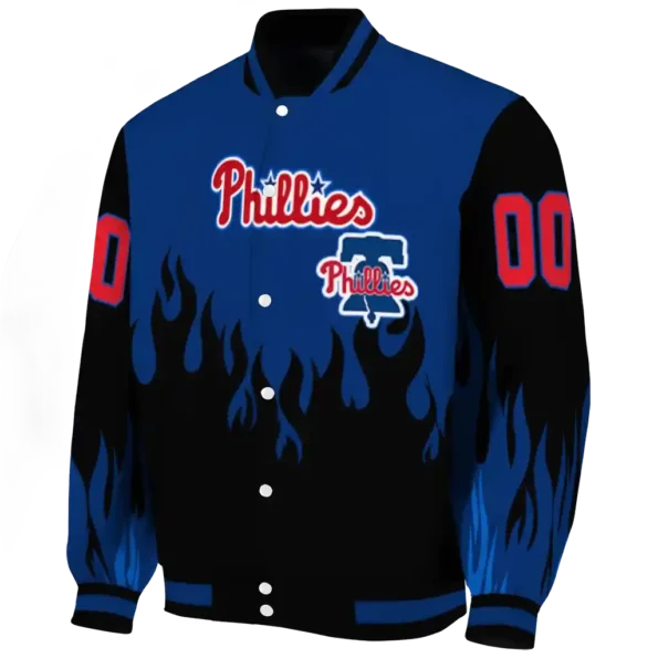 custom philadelphia phillies flame border blue black varsity jacket best selling