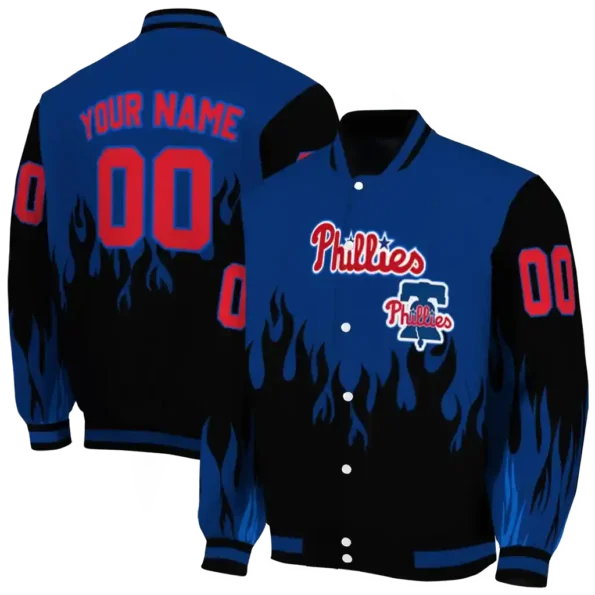 custom philadelphia phillies flame border blue black varsity jacket fashion forward