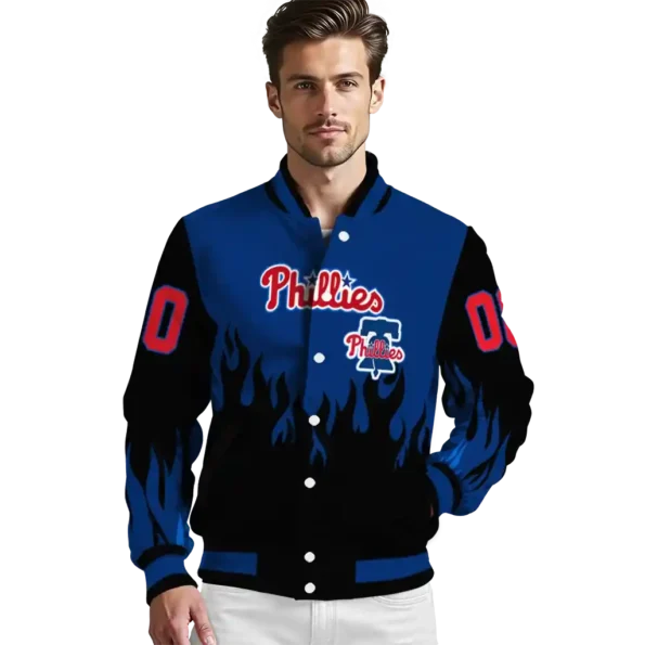 custom philadelphia phillies flame border blue black varsity jacket high quality