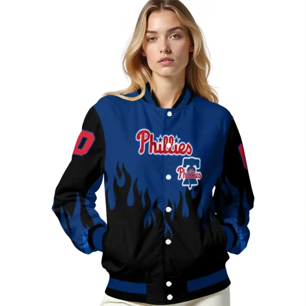 custom philadelphia phillies flame border blue black varsity jacket latest model