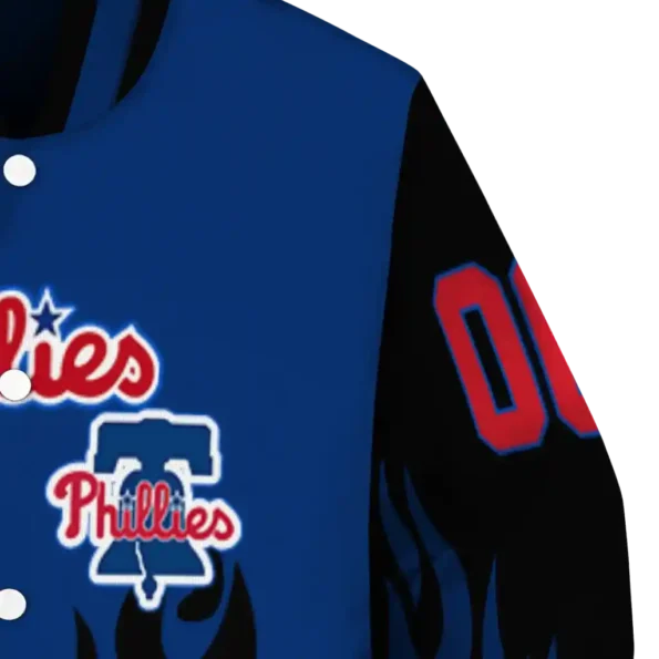 custom philadelphia phillies flame border blue black varsity jacket premium grade