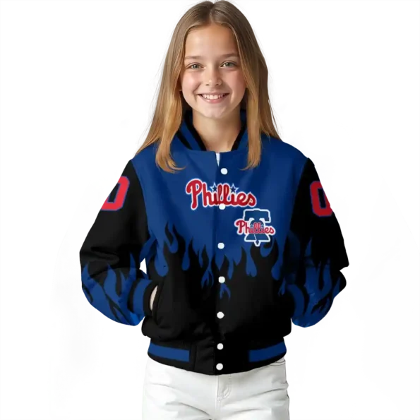 custom philadelphia phillies flame border blue black varsity jacket top rated