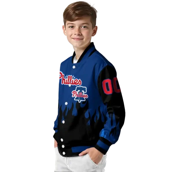 custom philadelphia phillies flame border blue black varsity jacket trendy