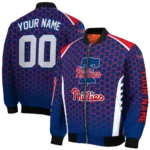 custom philadelphia phillies hexagon grid blue bomber jacket best selling