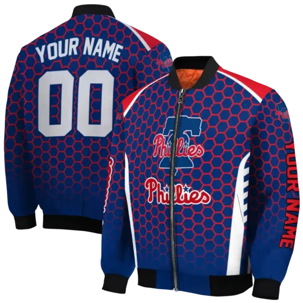 custom philadelphia phillies hexagon grid blue bomber jacket fashion forward