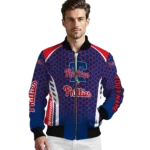 custom philadelphia phillies hexagon grid blue bomber jacket best selling