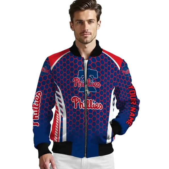 custom philadelphia phillies hexagon grid blue bomber jacket high quality