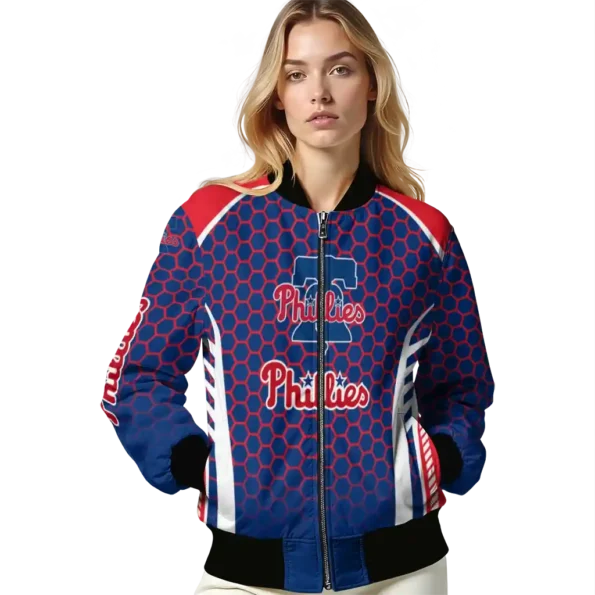 custom philadelphia phillies hexagon grid blue bomber jacket latest model
