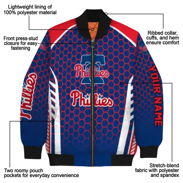 custom philadelphia phillies hexagon grid blue bomber jacket new arrival