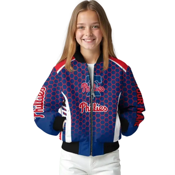 custom philadelphia phillies hexagon grid blue bomber jacket top rated