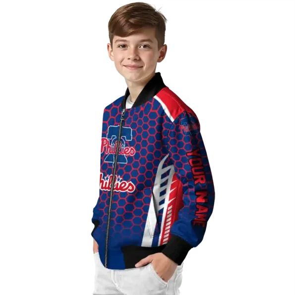 custom philadelphia phillies hexagon grid blue bomber jacket trendy