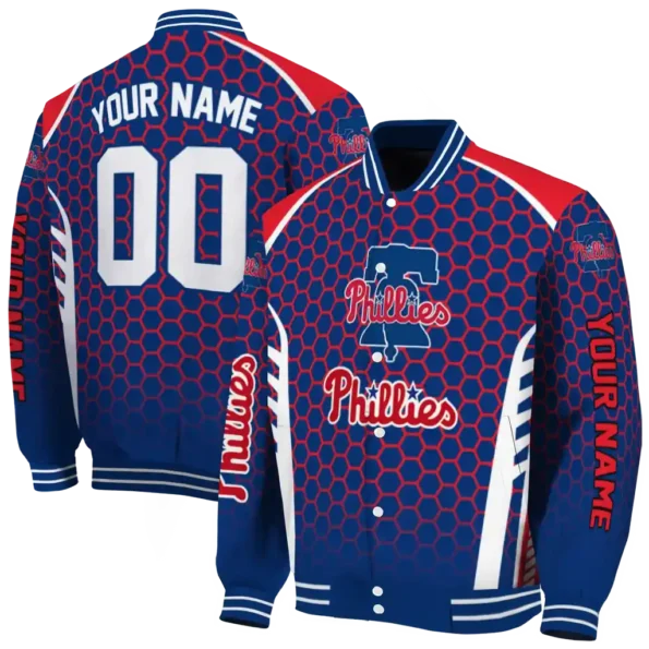 custom philadelphia phillies hexagon grid blue varsity jacket fashion forward