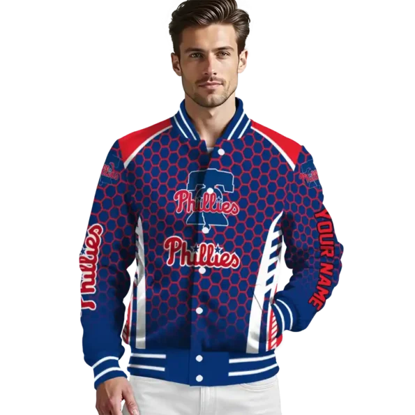 custom philadelphia phillies hexagon grid blue varsity jacket high quality