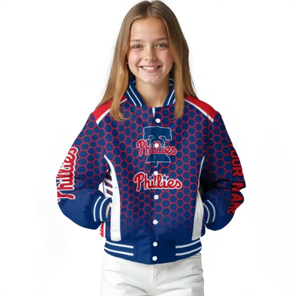 custom philadelphia phillies hexagon grid blue varsity jacket top rated