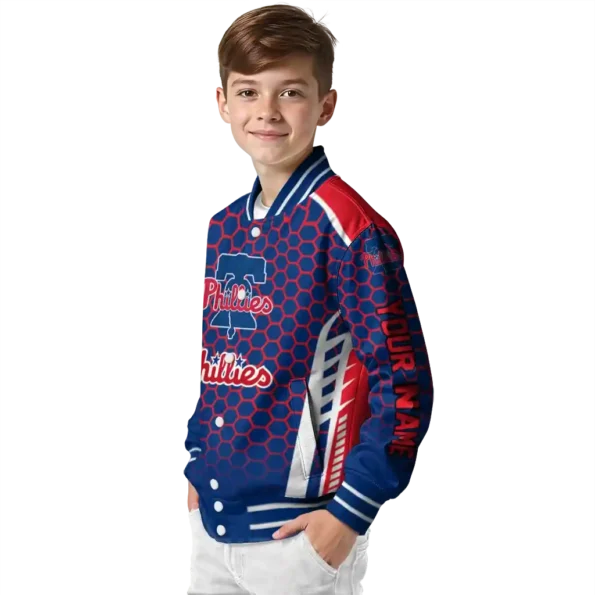 custom philadelphia phillies hexagon grid blue varsity jacket trendy