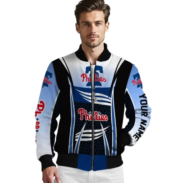 custom philadelphia phillies mesh effect blue black bomber jacket high quality
