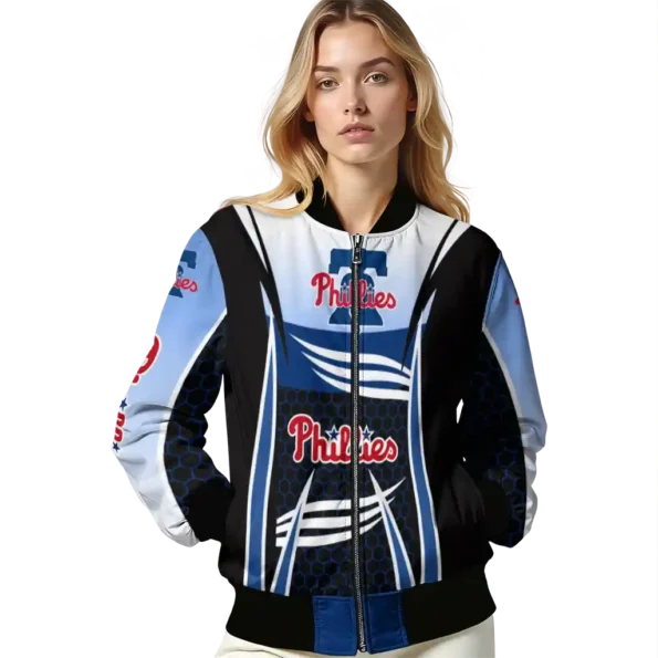 custom philadelphia phillies mesh effect blue black bomber jacket latest model