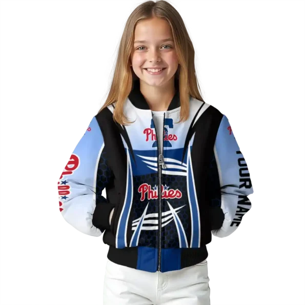 custom philadelphia phillies mesh effect blue black bomber jacket top rated